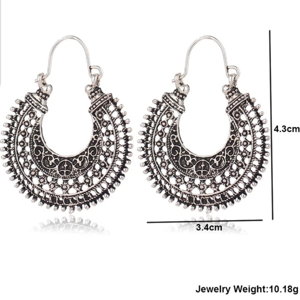 Gypsy Bohemian Vintage Silver Color Hoops Earrings - Picture 2 of 4